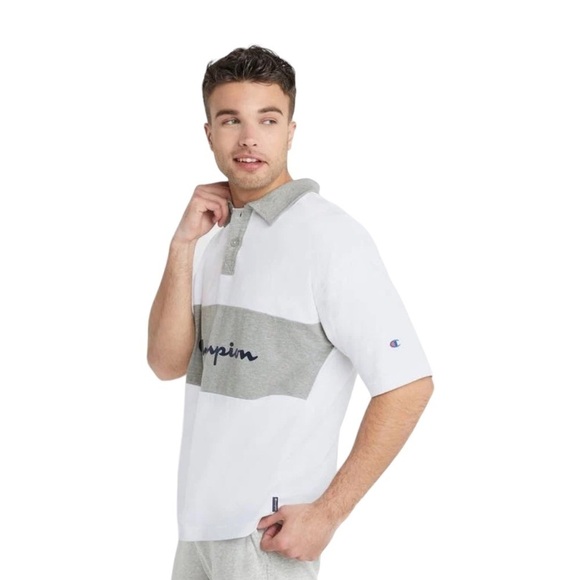 Champion Mens Rugby Polo Shirt Script Logo White Gray XL NWT - Picture 2 of 10